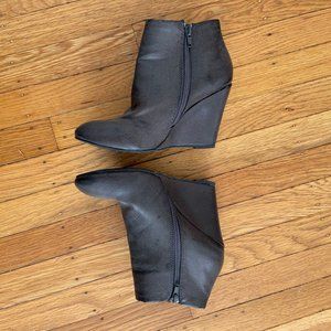 Grey ankle booties with 3" wedge heels